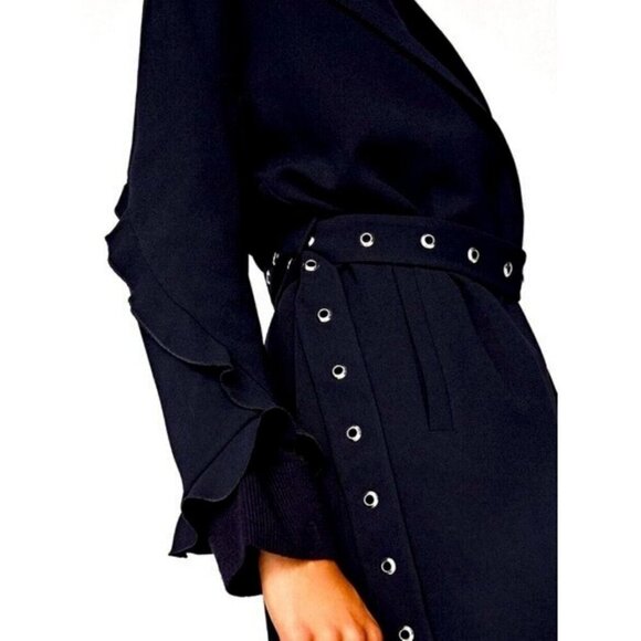 Zara Navy Blue Ruffled Sleeve Belted Wrap Midi Trench Coat Duster - Picture 9 of 10